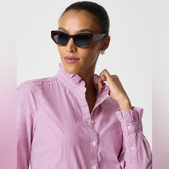 J. Crew Striped ruffleneck button-up Striped Pink Blouse Sz M - Picture 3 of 11